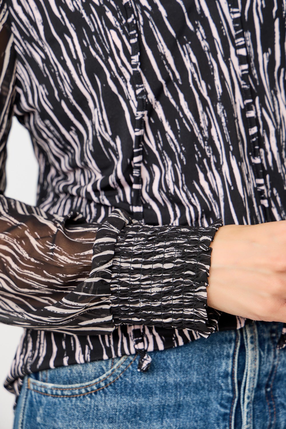 Image of West K Adelina Smocked Cuff Mixed - Media Blouse Black Abs Stripe