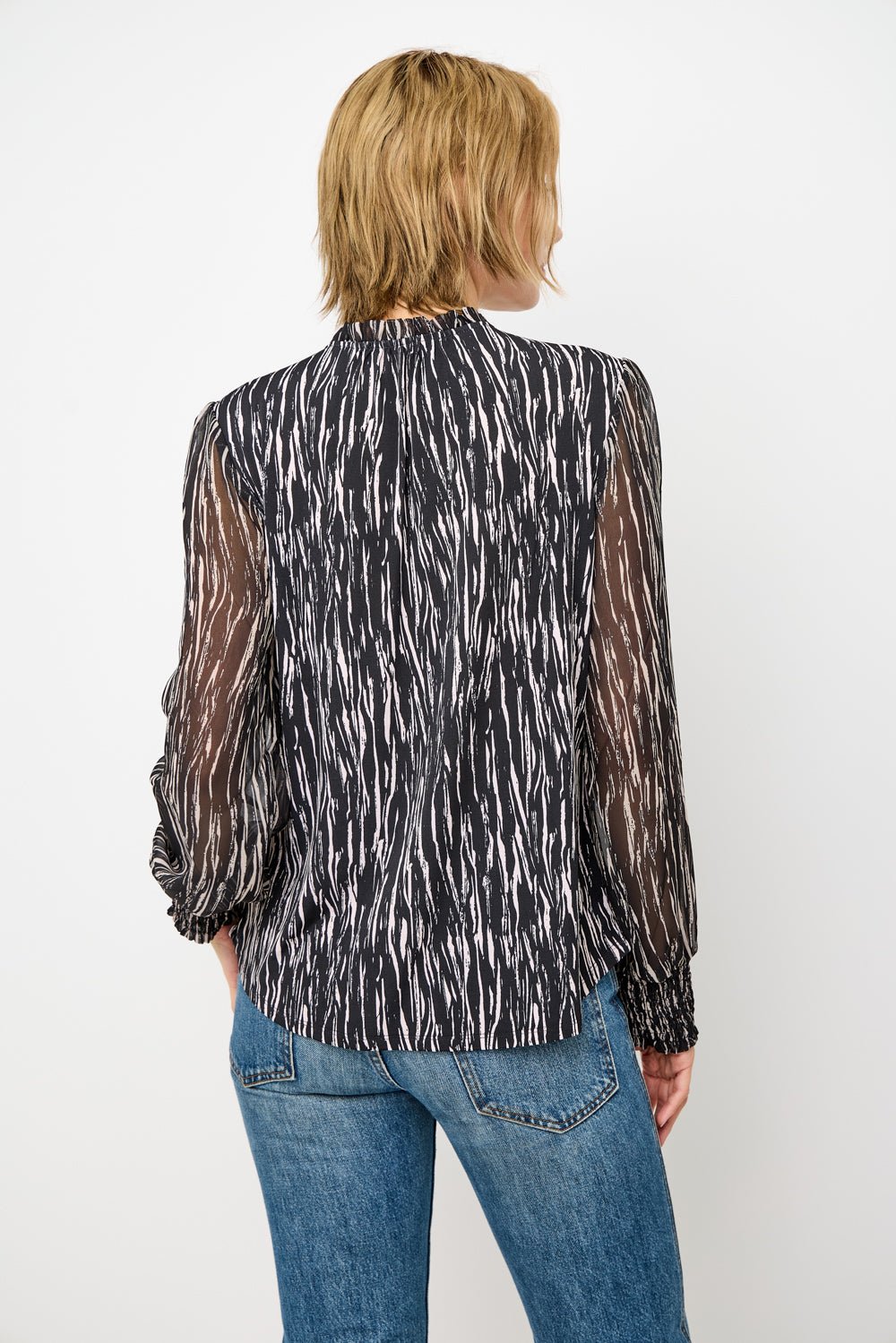 Image of West K Adelina Smocked Cuff Mixed - Media Blouse Black Abs Stripe
