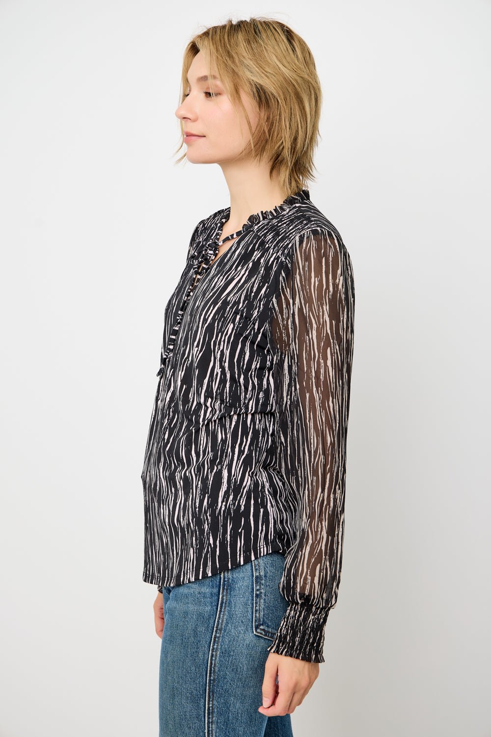 Image of West K Adelina Smocked Cuff Mixed - Media Blouse Black Abs Stripe