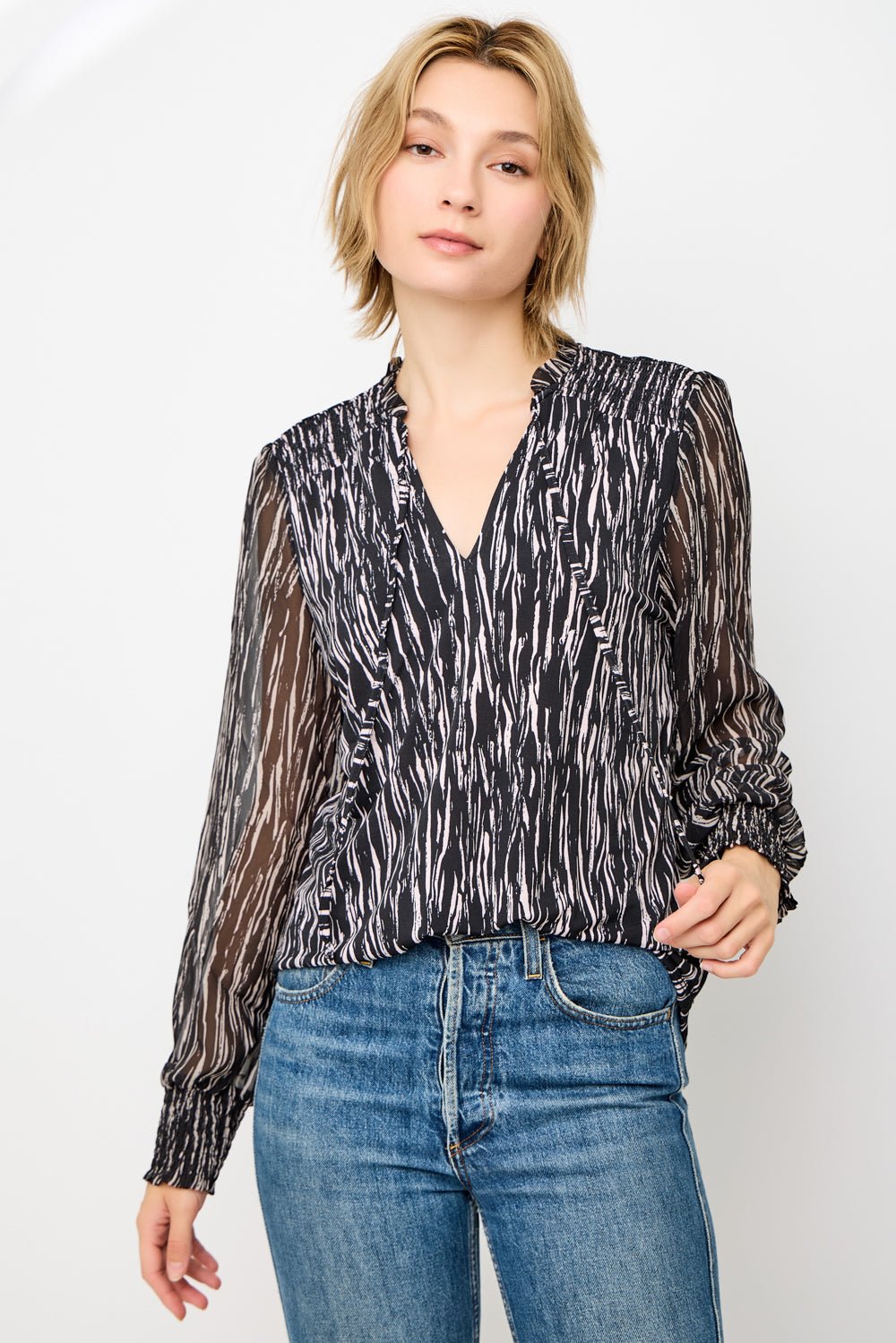 Image of West K Adelina Smocked Cuff Mixed - Media Blouse Black Abs Stripe