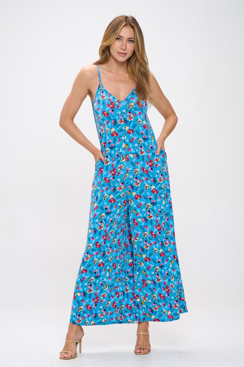 Image of West K Alaiya Knit Strappy Jumpsuit Turquoise Red Floral