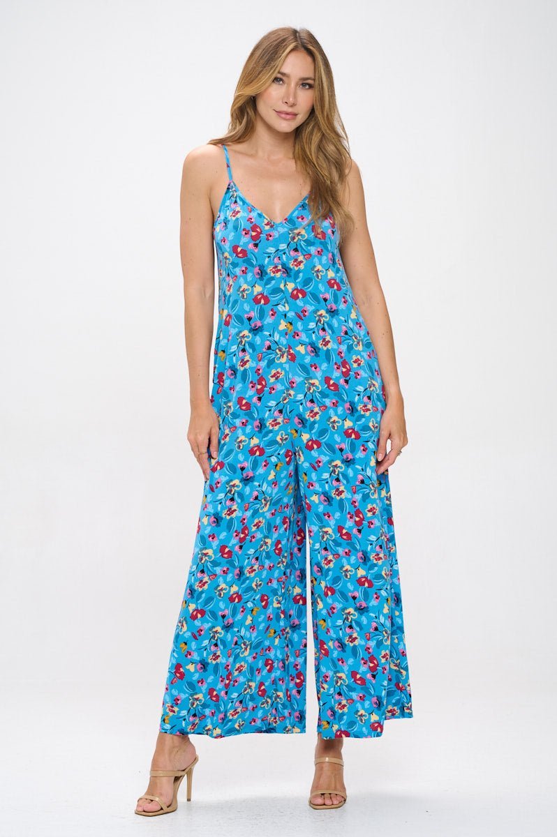 Image of West K Alaiya Knit Strappy Jumpsuit Turquoise Red Floral