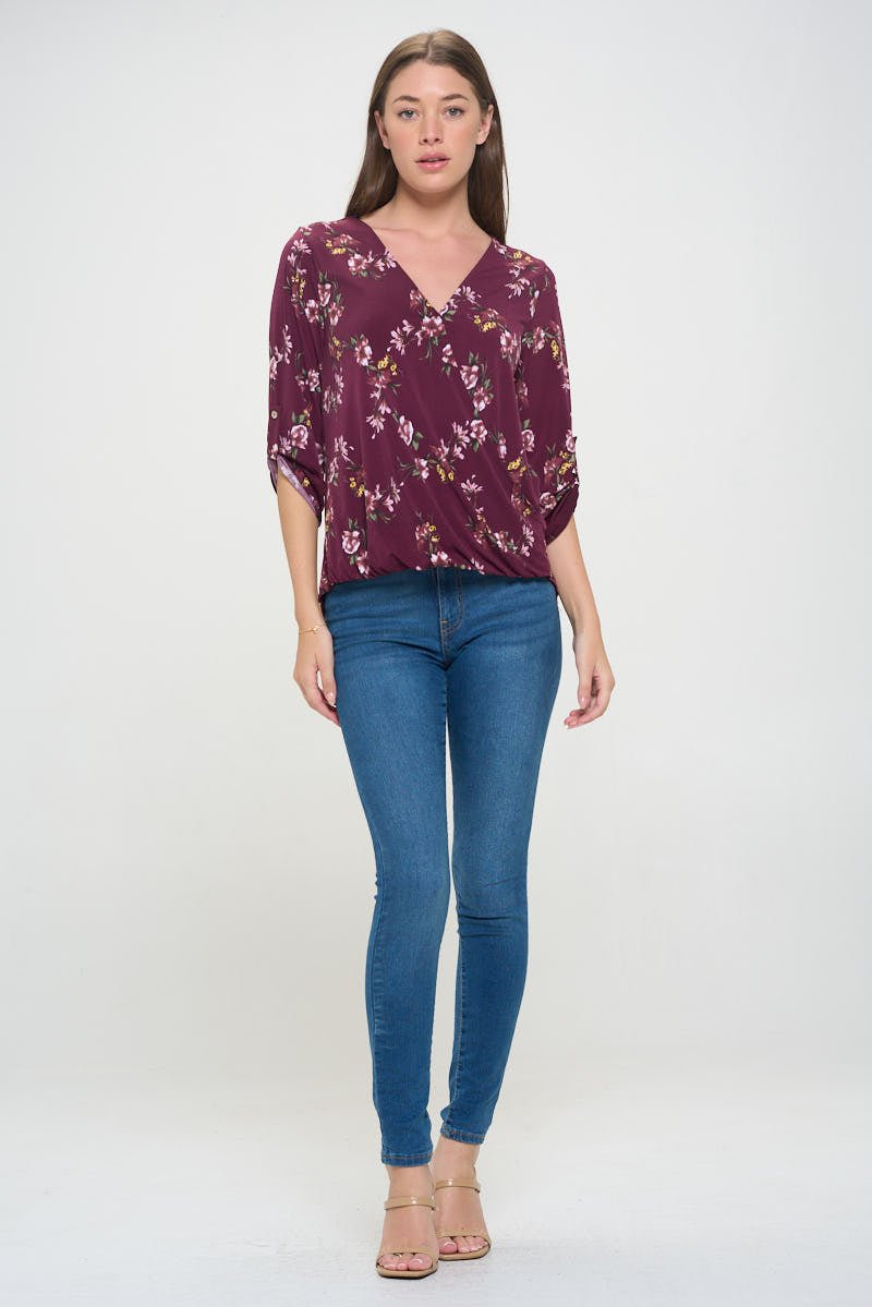 Image of West K Alexa Knit Surplice Roll Tab Blouse Burgundy Floral