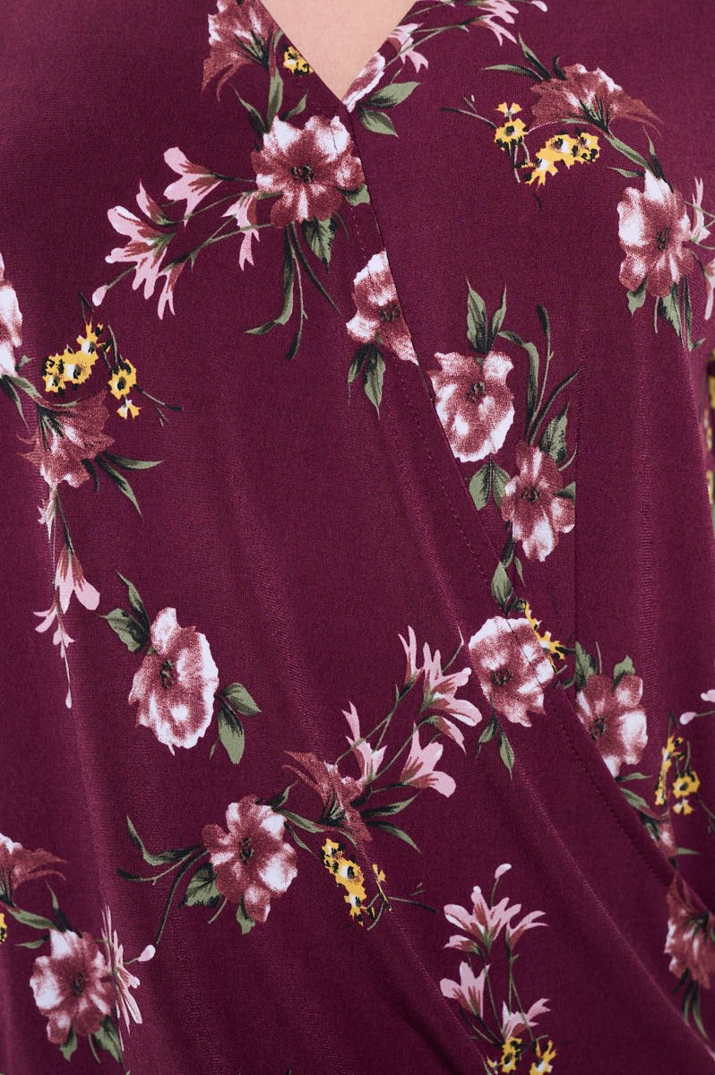 Image of West K Alexa Knit Surplice Roll Tab Blouse Burgundy Floral