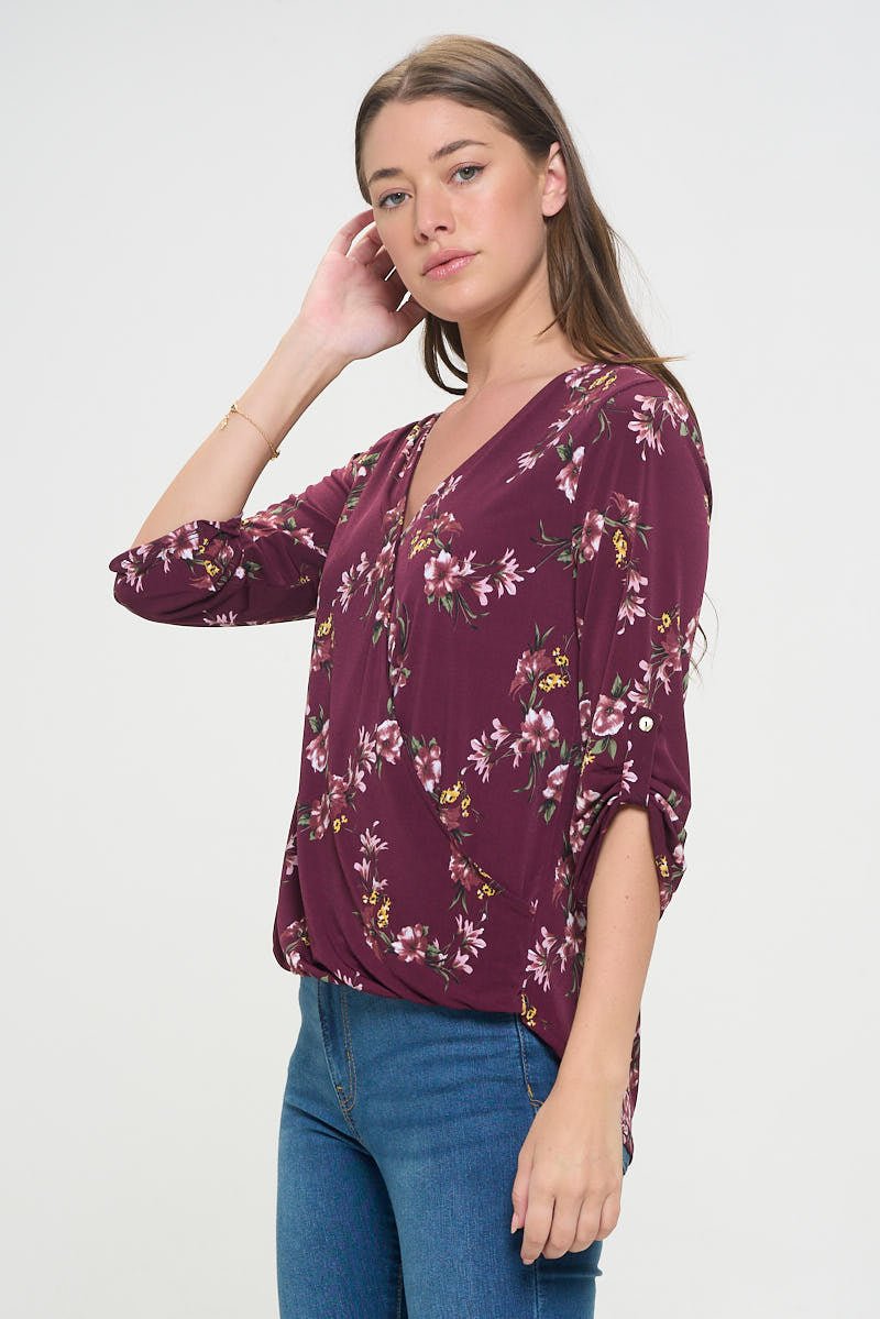 Image of West K Alexa Knit Surplice Roll Tab Blouse Burgundy Floral