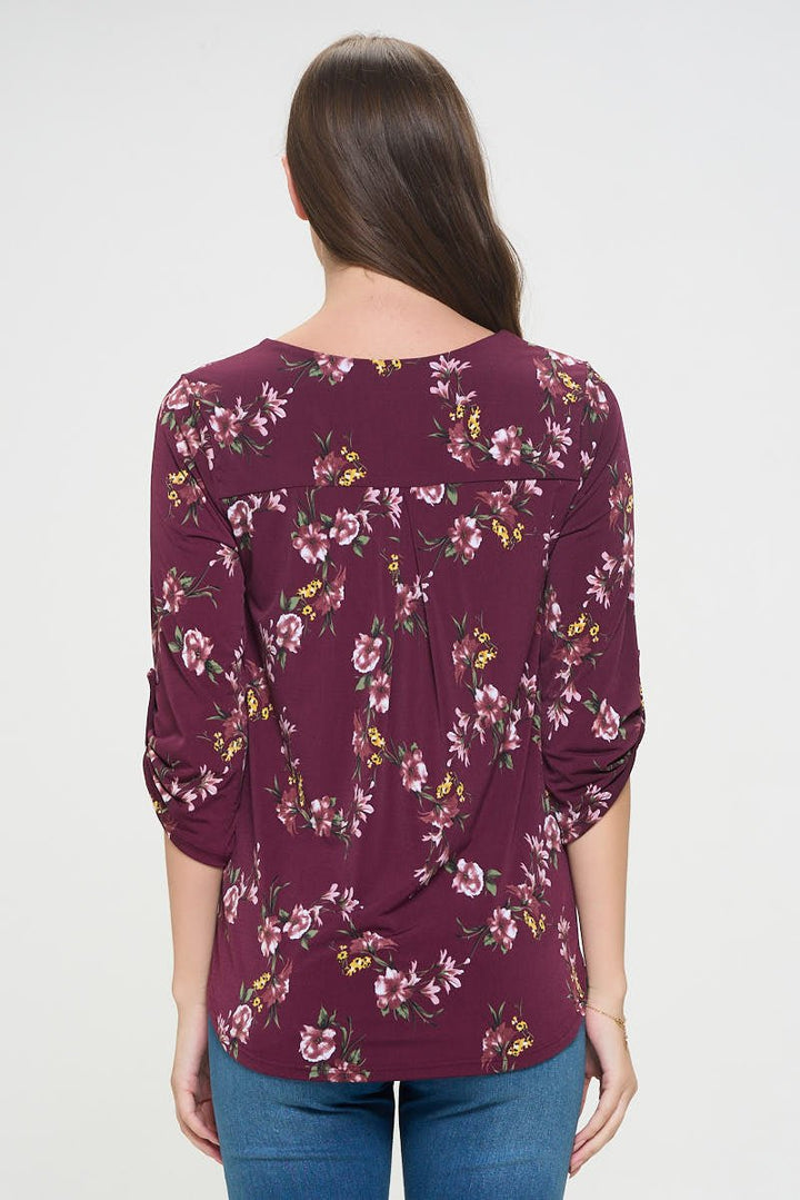 Image of West K Alexa Knit Surplice Roll Tab Blouse Burgundy Floral