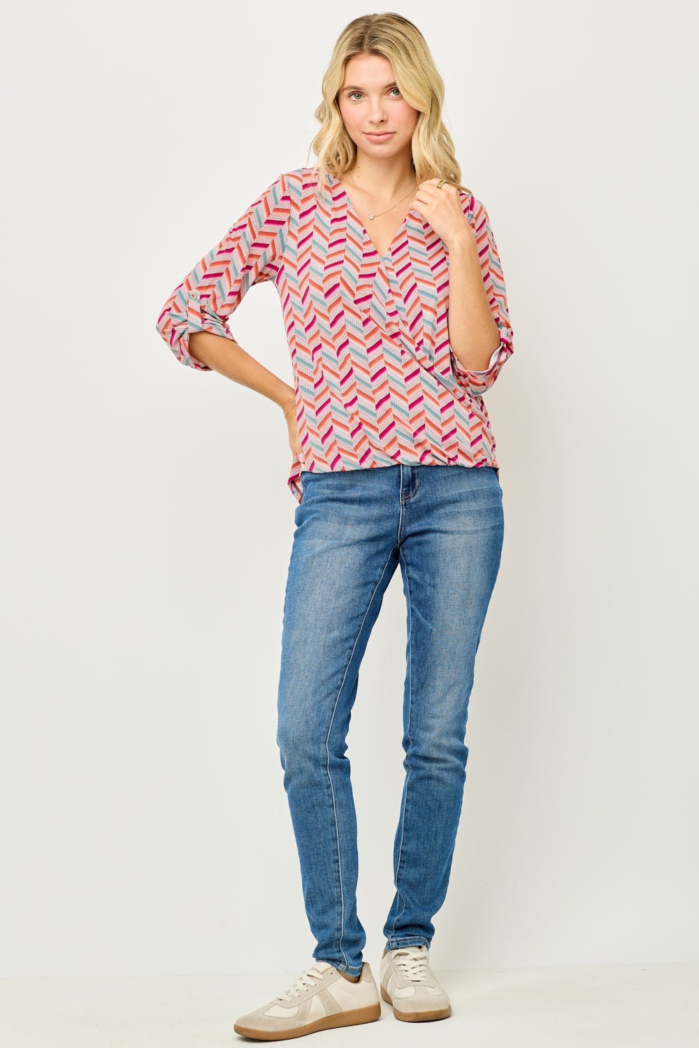 Image of West K Alexa Knit Surplice Roll Tab Blouse Chevron Multi