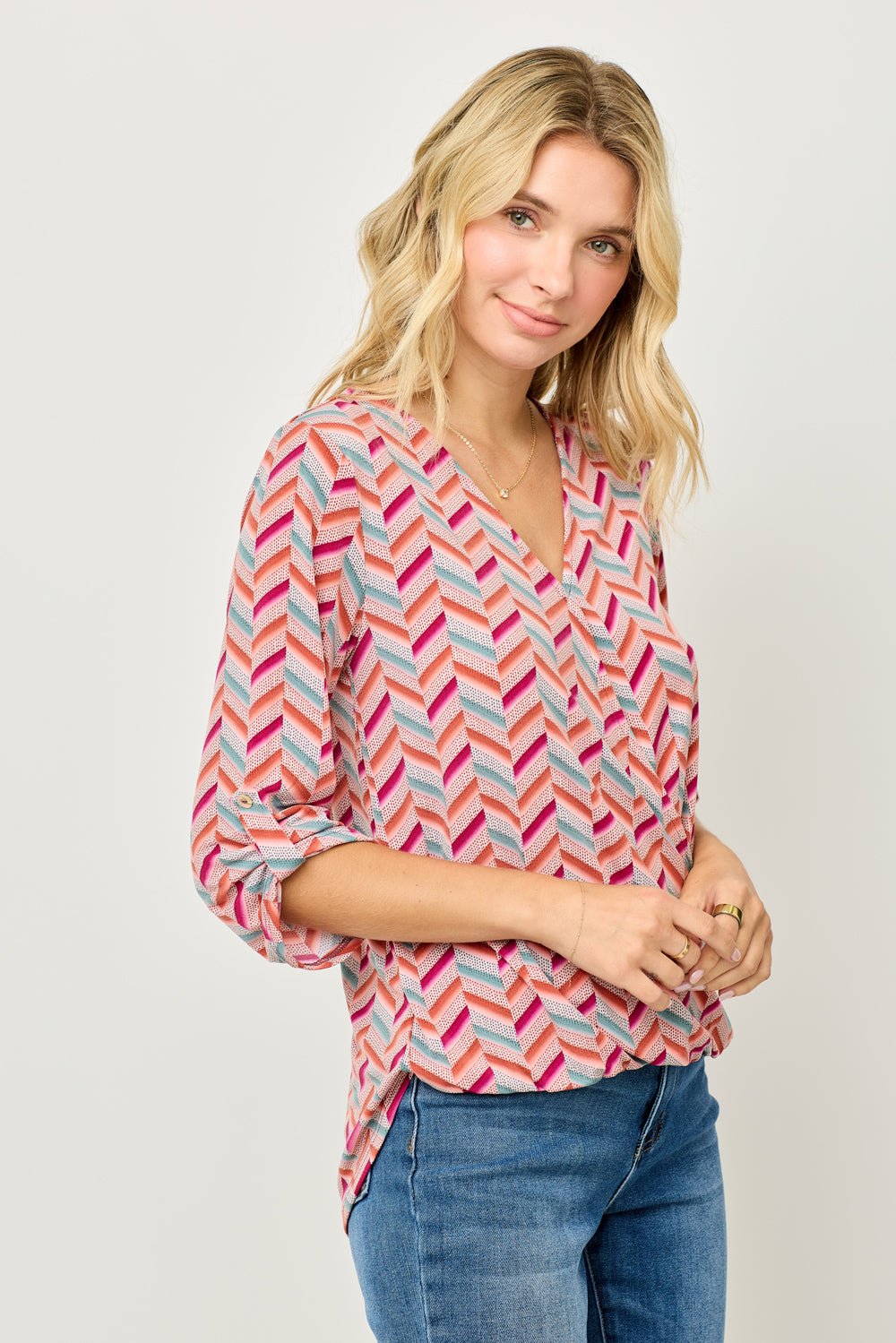 Image of West K Alexa Knit Surplice Roll Tab Blouse Chevron Multi