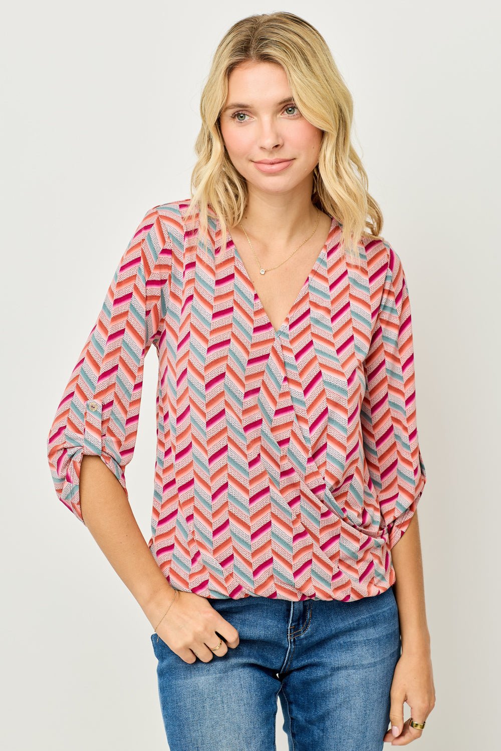 Image of West K Alexa Knit Surplice Roll Tab Blouse Chevron Multi