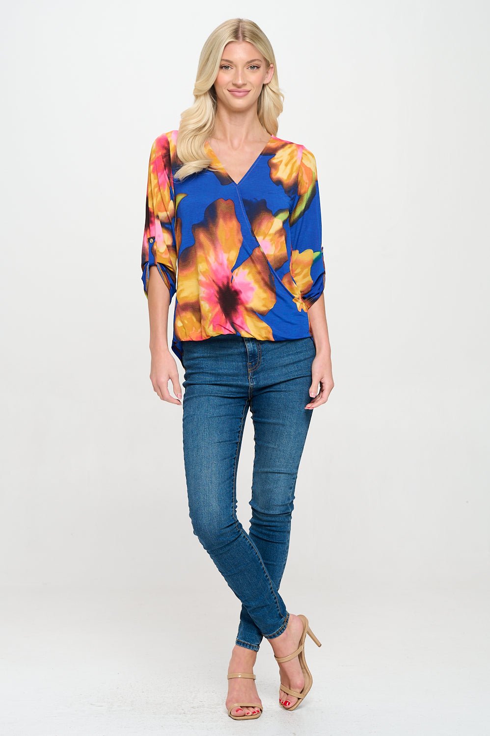 Image of West K Alexa Knit Surplice Roll Tab Blouse Multi Floral