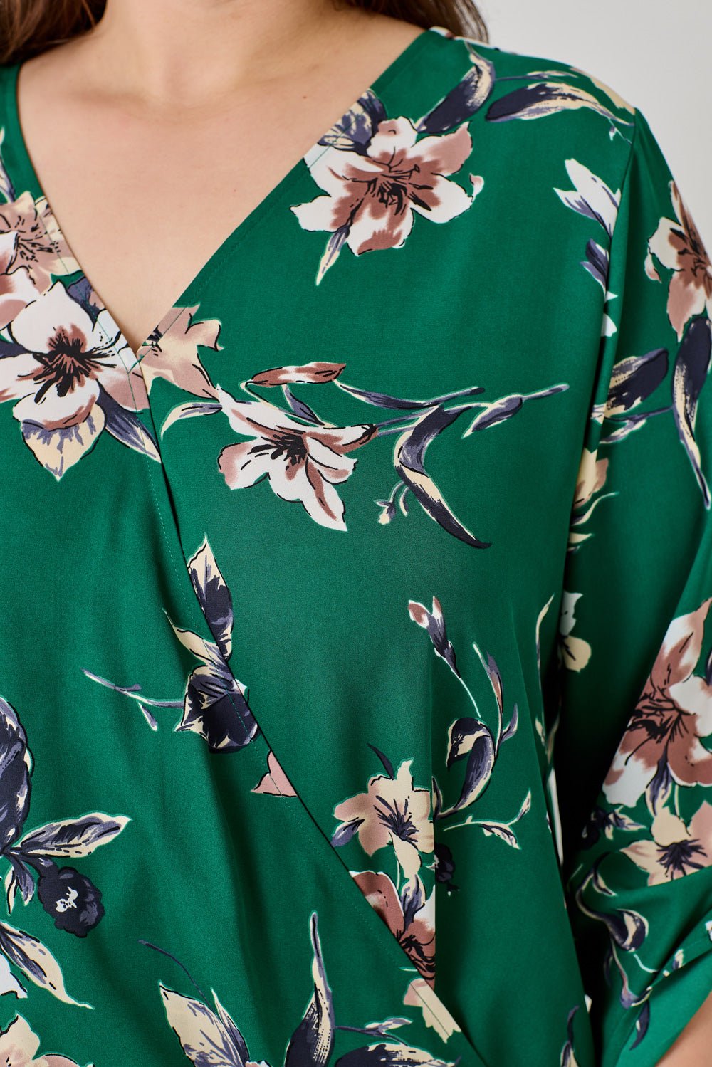 Image of West K Alexa Plus Size Surplice V - Neck Rolltab Blouse Green White Floral