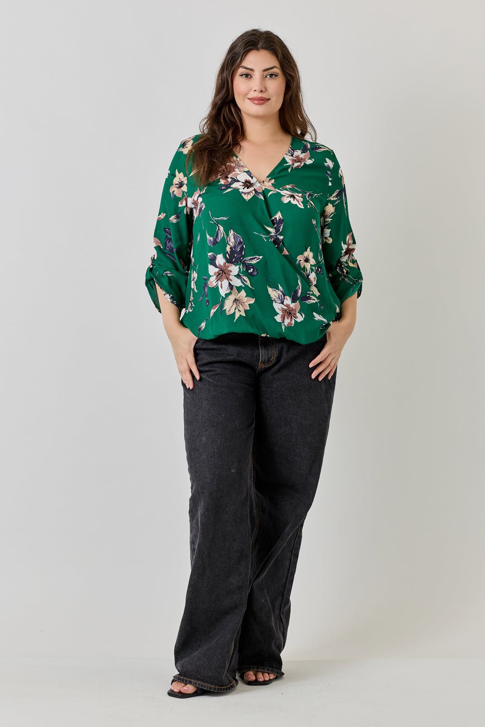 Image of West K Alexa Plus Size Surplice V - Neck Rolltab Blouse Green White Floral
