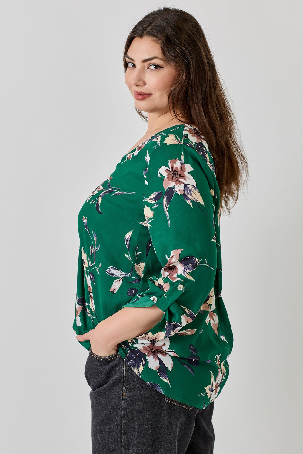 Image of West K Alexa Plus Size Surplice V - Neck Rolltab Blouse Green White Floral