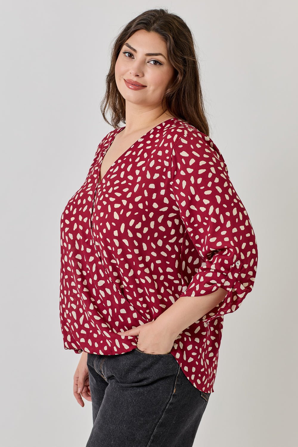 Image of West K Alexa Plus Size Surplice V - Neck Rolltab Blouse Red Dots