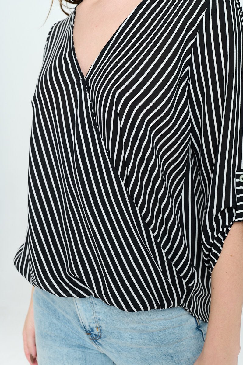 Image of West K Alexa Surplice Roll Tab Blouse Black White Stripe