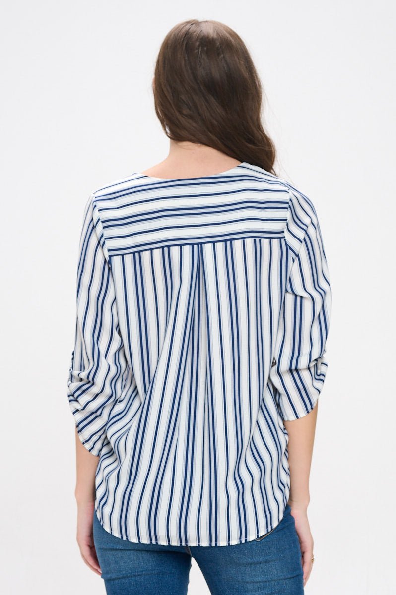 Image of West K Alexa Surplice Roll Tab Blouse Blue White Stripe