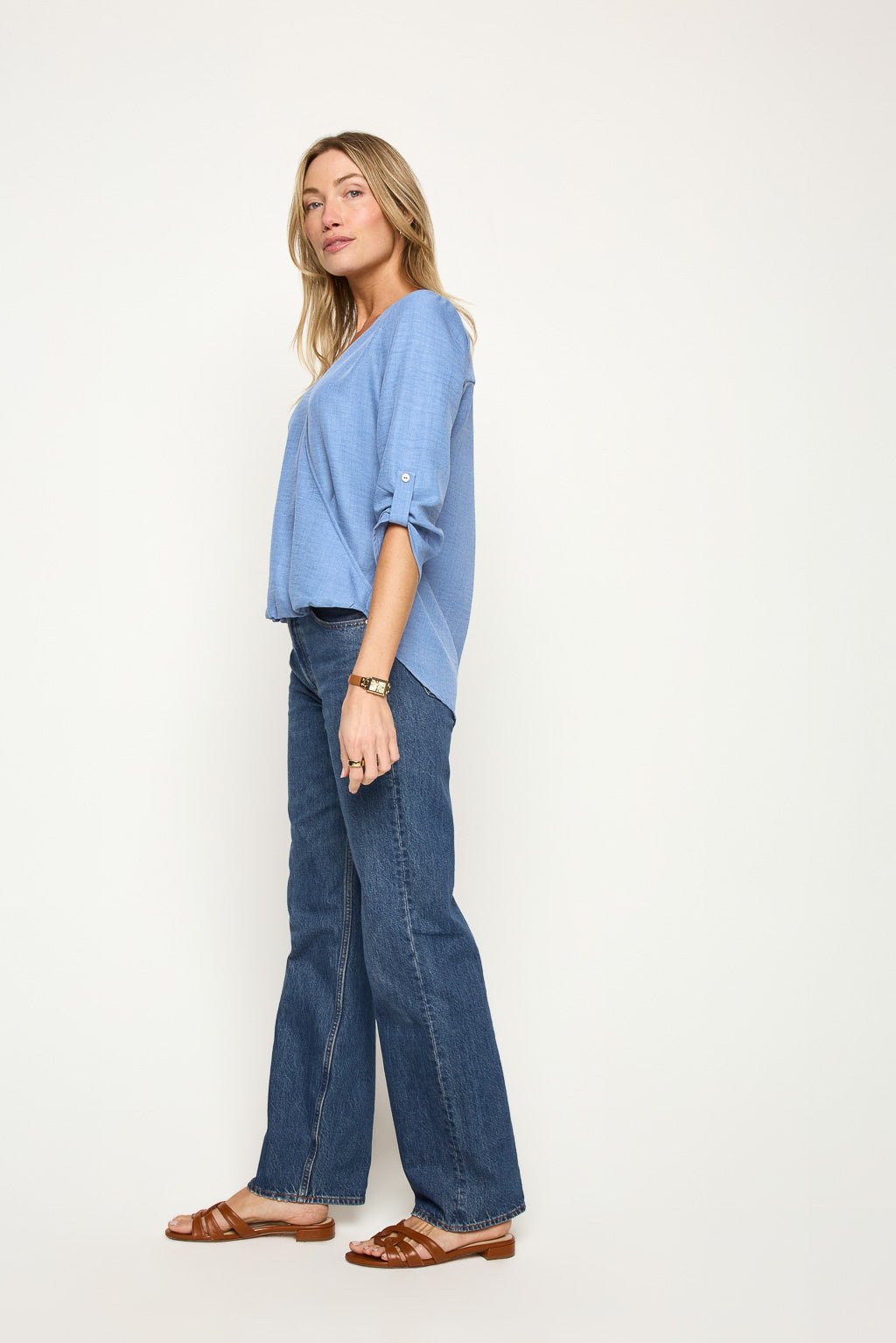 Image of West K Alexa Surplice Roll Tab Blouse Denim