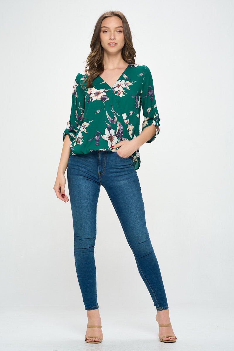 Image of West K Alexa Surplice Roll Tab Blouse Green Floral