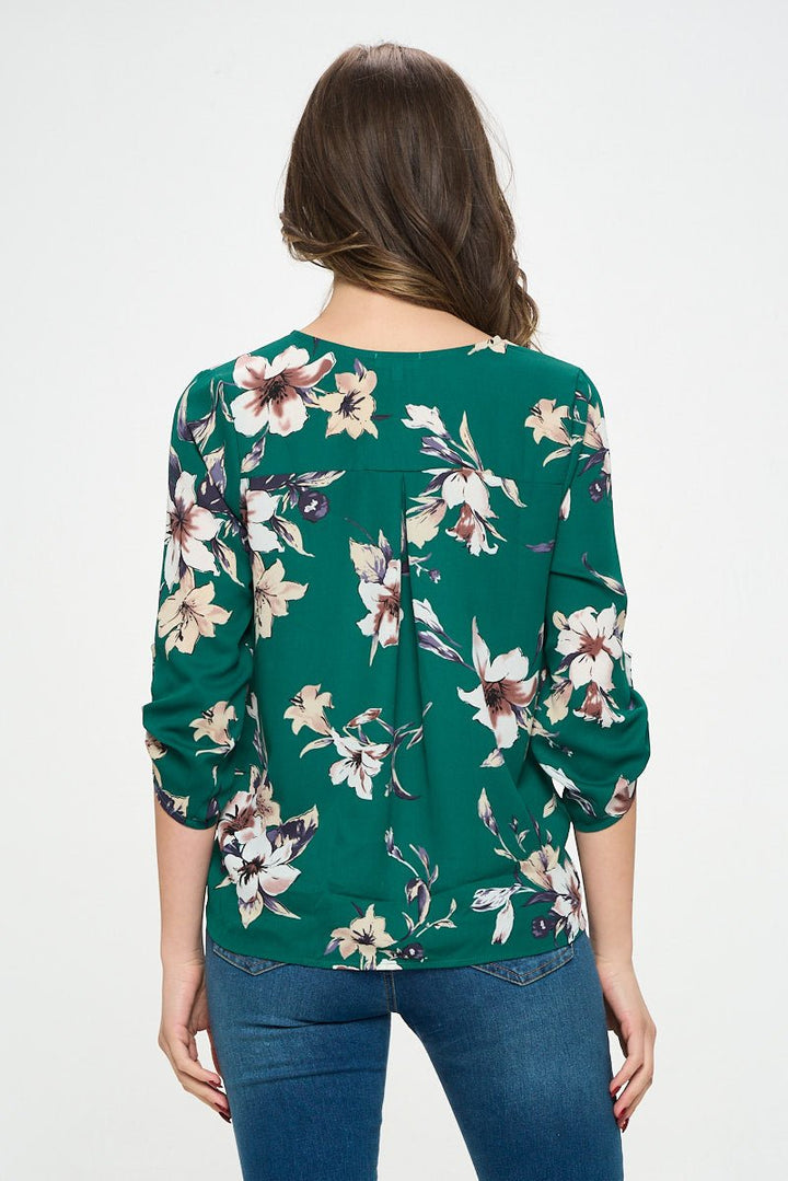 Image of West K Alexa Surplice Roll Tab Blouse Green Floral