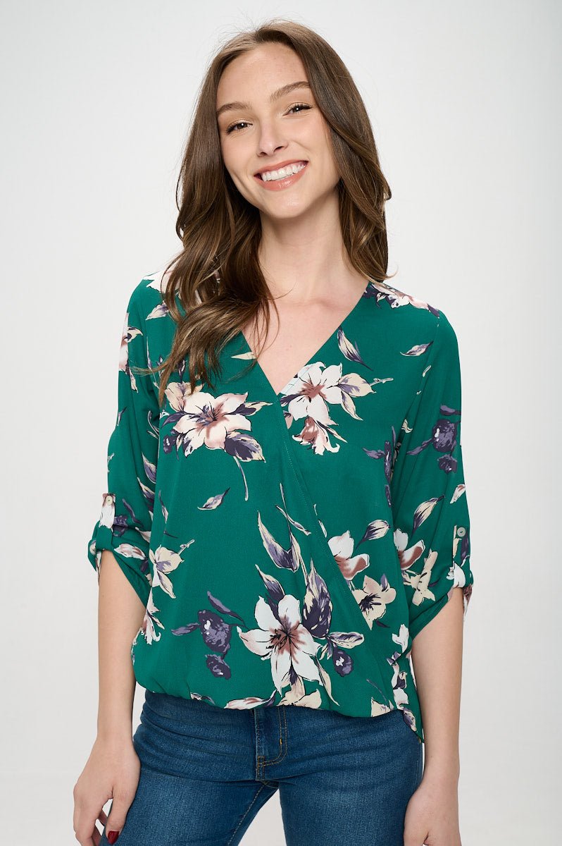 Image of West K Alexa Surplice Roll Tab Blouse Green Floral