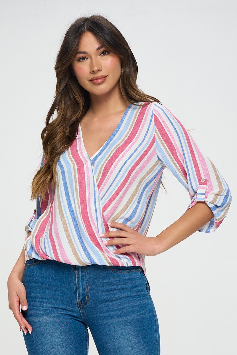 Image of West K Alexa Surplice Roll Tab Blouse Pink Blue Stripe