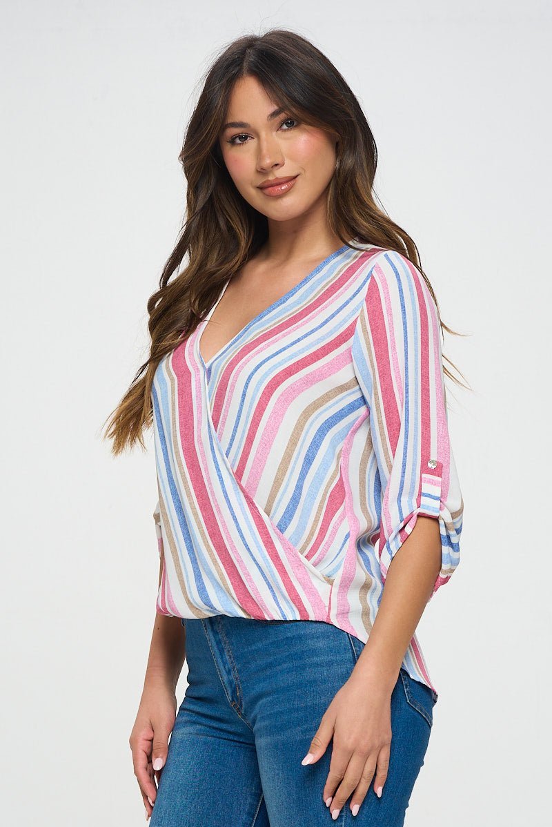 Image of West K Alexa Surplice Roll Tab Blouse Pink Blue Stripe