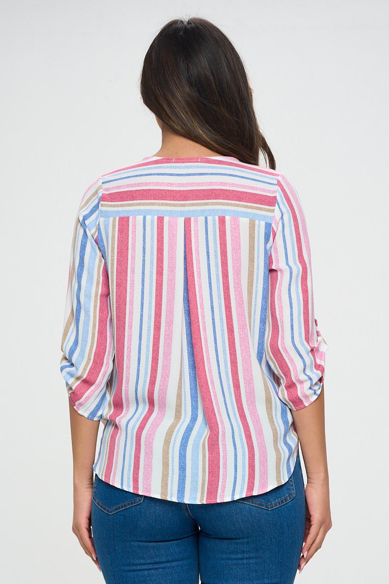 Image of West K Alexa Surplice Roll Tab Blouse Pink Blue Stripe