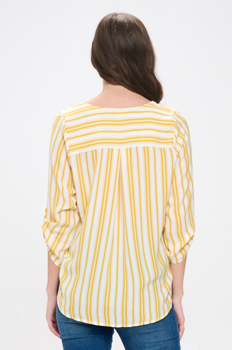 Image of West K Alexa Surplice Roll Tab Blouse Yellow White Stripe