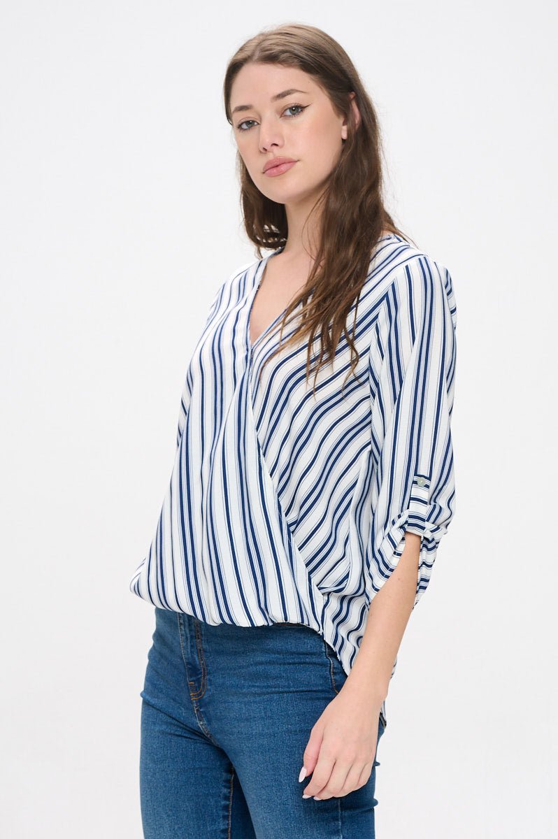 Image of West K Alexa Surplice Roll Tab Blouse Yellow White Stripe