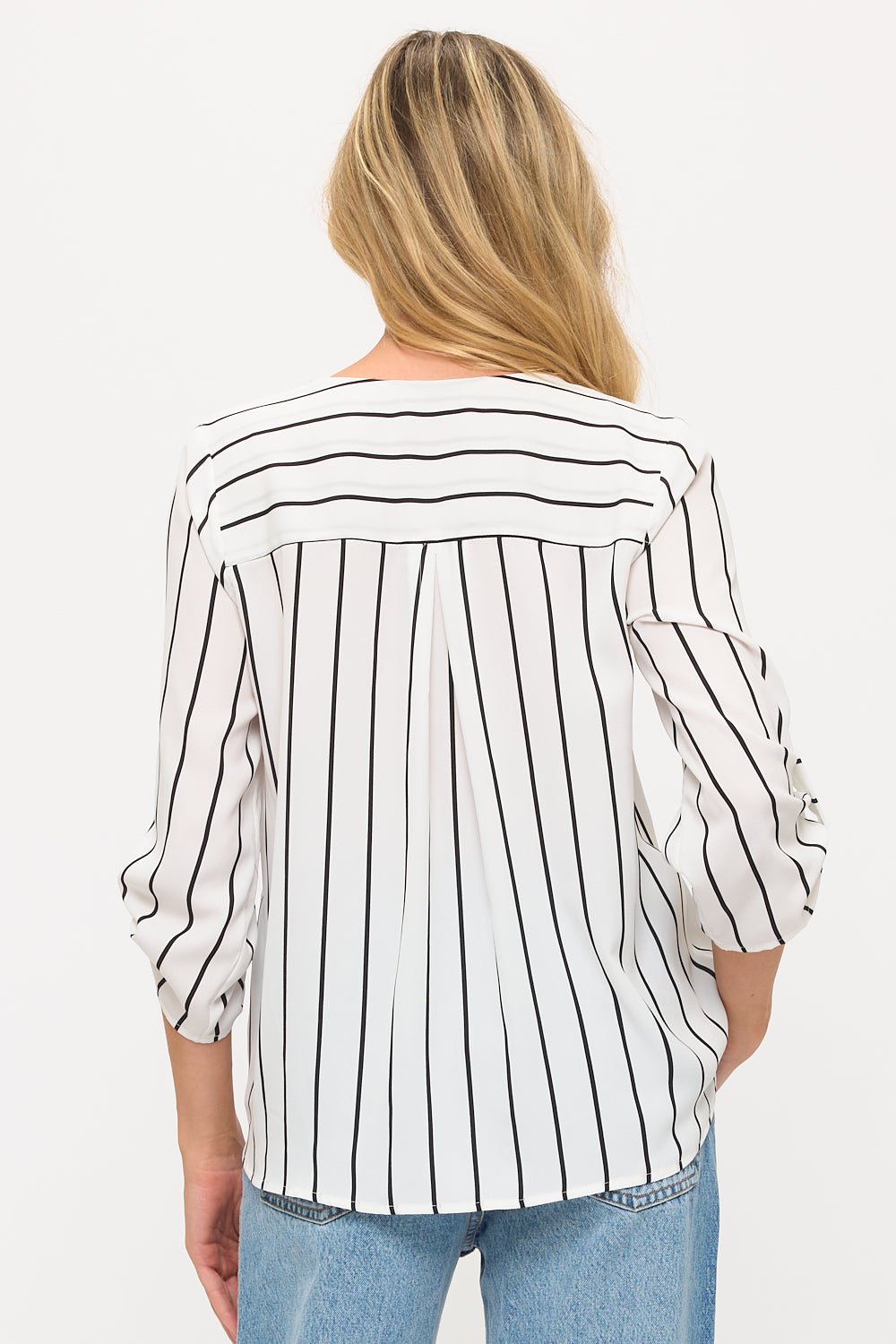Image of West K Alexa Three Quarter Sleeve Surplice Rolltab Blouse White Black Stripe
