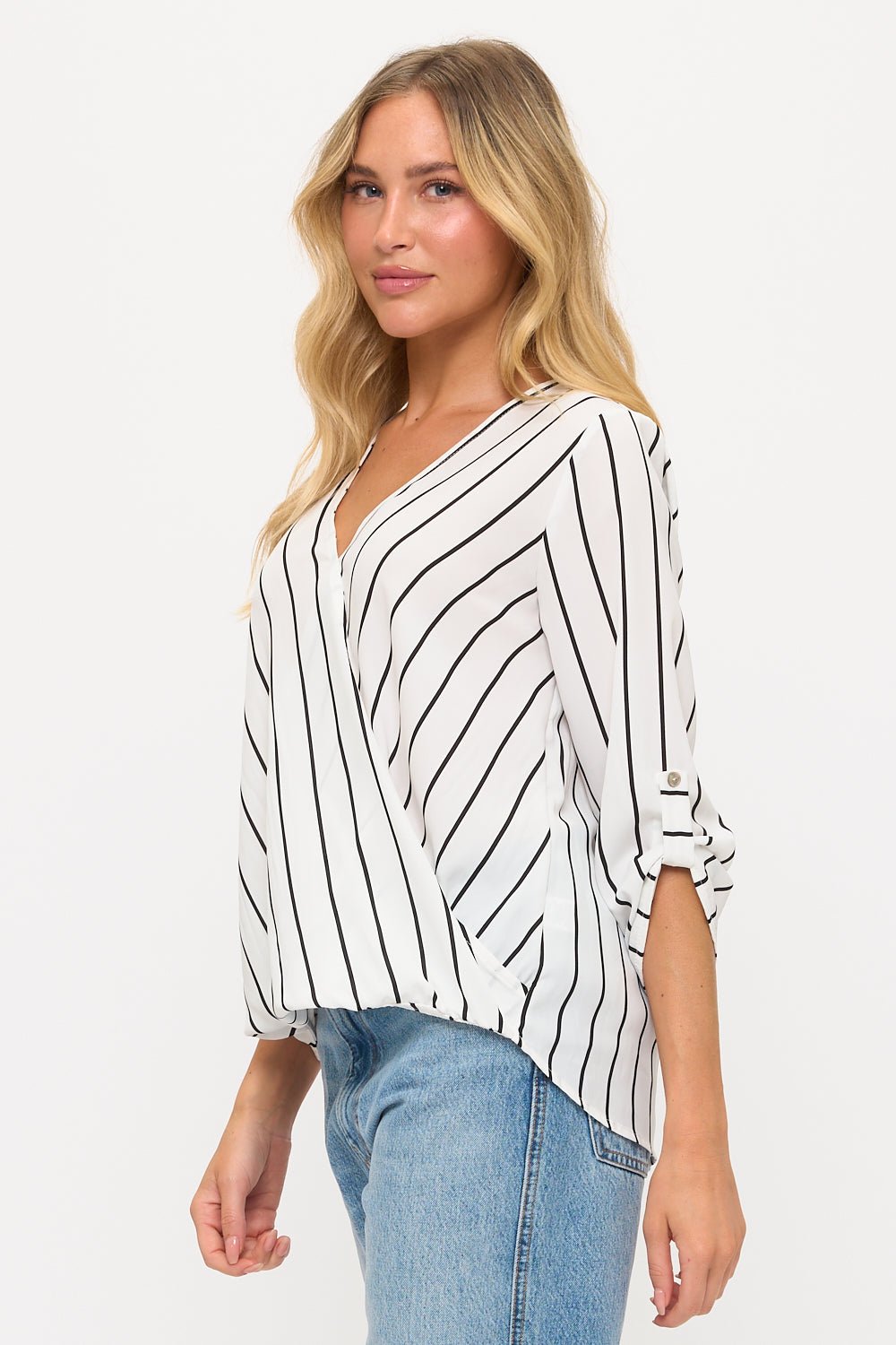 Image of West K Alexa Three Quarter Sleeve Surplice Rolltab Blouse White Black Stripe