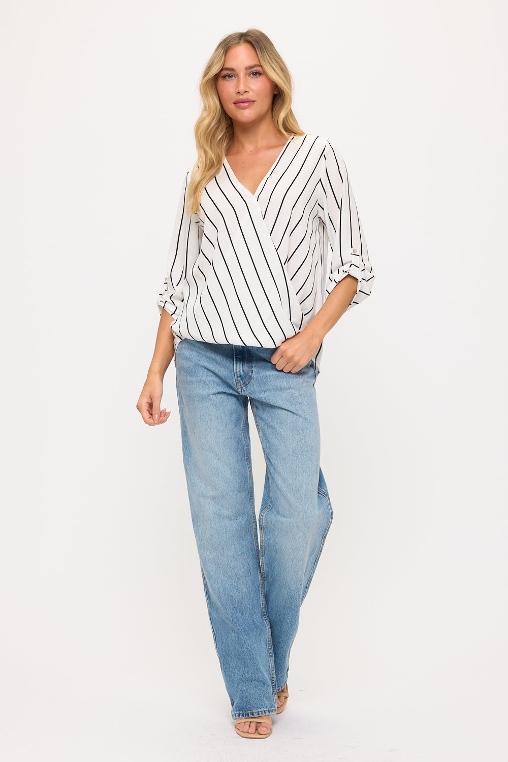 Image of West K Alexa Three Quarter Sleeve Surplice Rolltab Blouse White Black Stripe