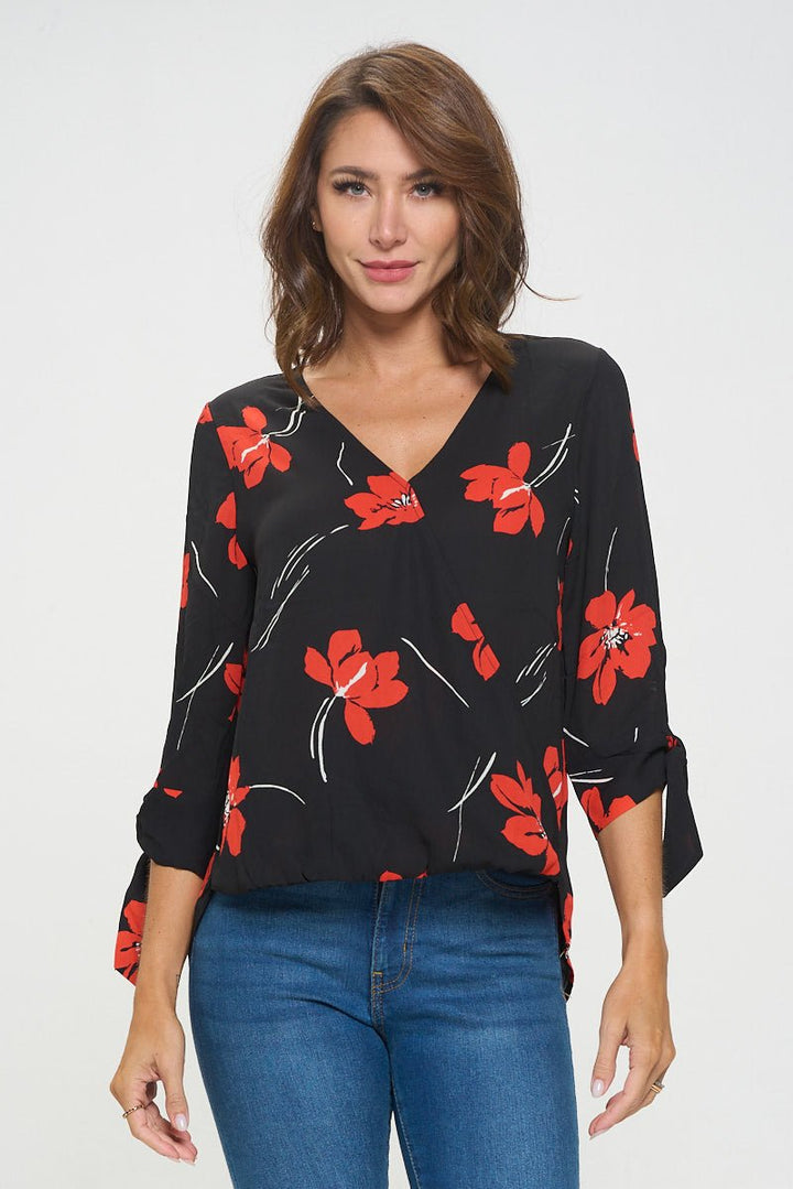 Image of West K Alexa Tie Sleeve Surplice Blouse Black Red Floral