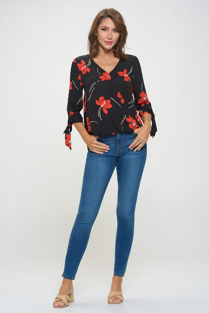 Image of West K Alexa Tie Sleeve Surplice Blouse Black Red Floral