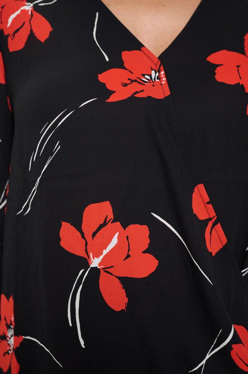 Image of West K Alexa Tie Sleeve Surplice Blouse Black Red Floral