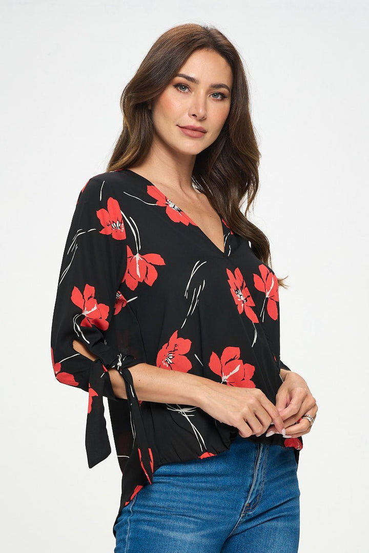 Image of West K Alexa Tie Sleeve Surplice Blouse Black Red Floral