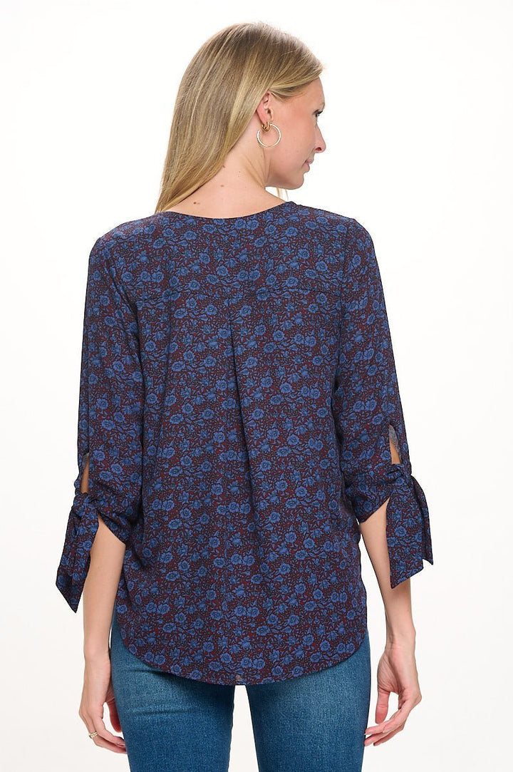 Image of West K Alexa Tie Sleeve Surplice Blouse Navy Wine Floral