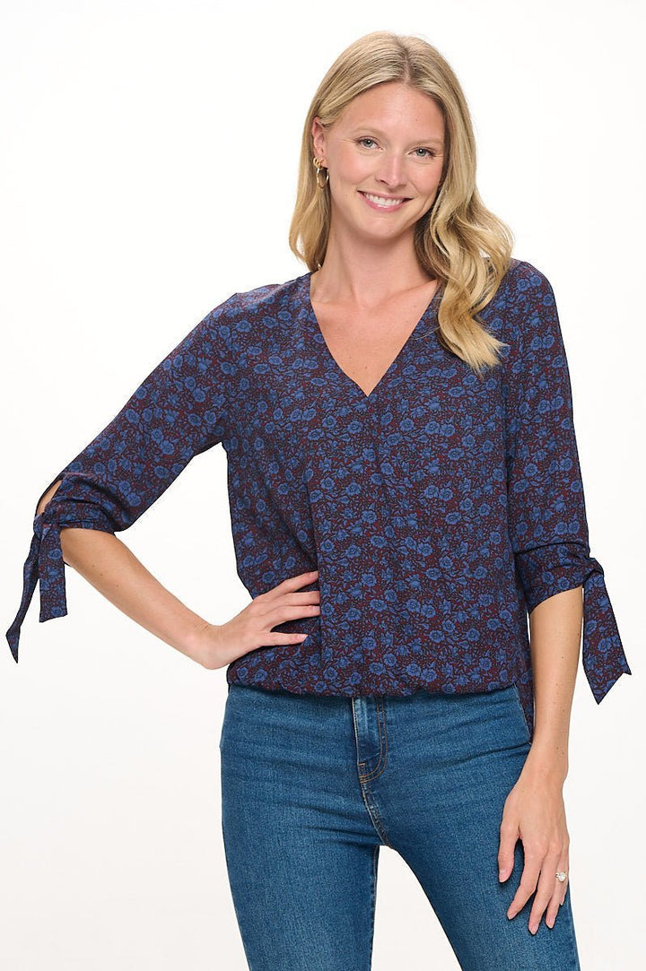 Image of West K Alexa Tie Sleeve Surplice Blouse Navy Wine Floral