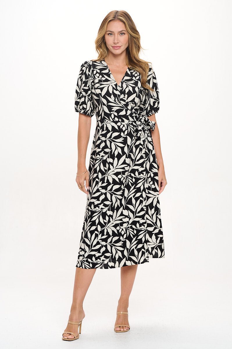 Image of West K Alexandria Elbow Puff Sleeve Full - Wrap A - Line Midi Dress Black Mono Floral