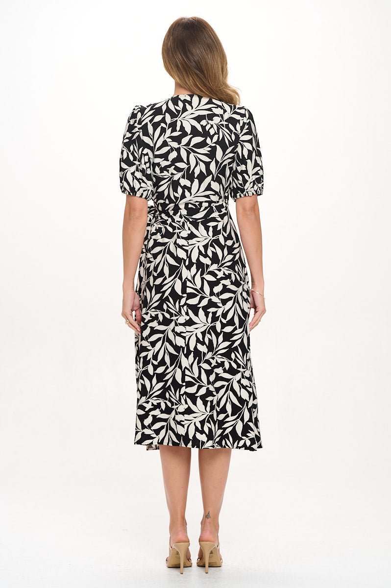 Image of West K Alexandria Elbow Puff Sleeve Full - Wrap A - Line Midi Dress Black Mono Floral