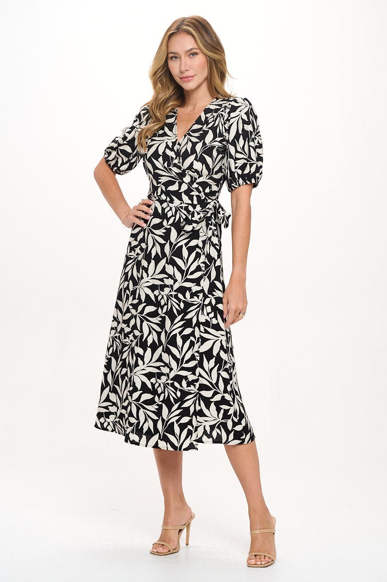 Image of West K Alexandria Elbow Puff Sleeve Full - Wrap A - Line Midi Dress Black Mono Floral