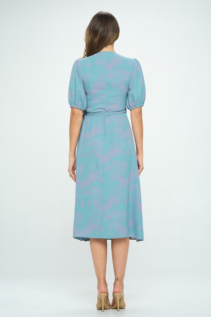 Image of West K Alexandria Elbow Puff Sleeve Full - Wrap A - Line Midi Dress Blue Pink Geo