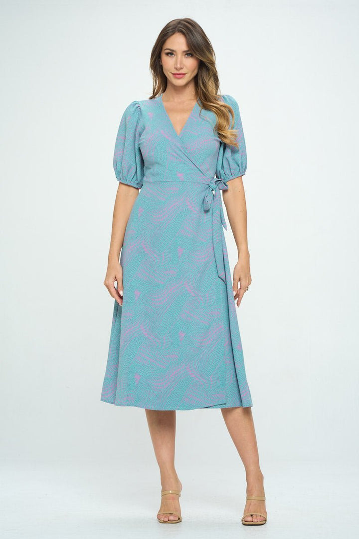 Image of West K Alexandria Elbow Puff Sleeve Full - Wrap A - Line Midi Dress Blue Pink Geo