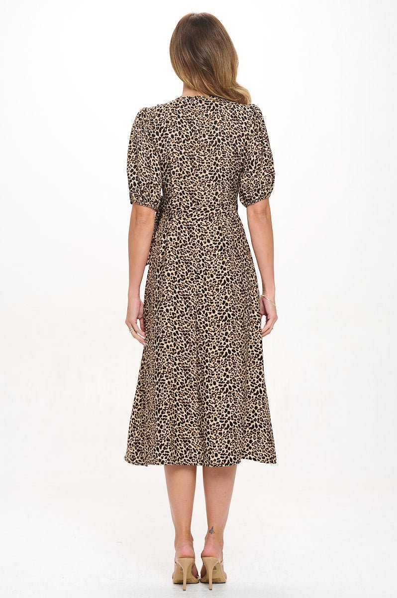 Image of West K Alexandria Elbow Puff Sleeve Full - Wrap A - Line Midi Dress Brown Leopard