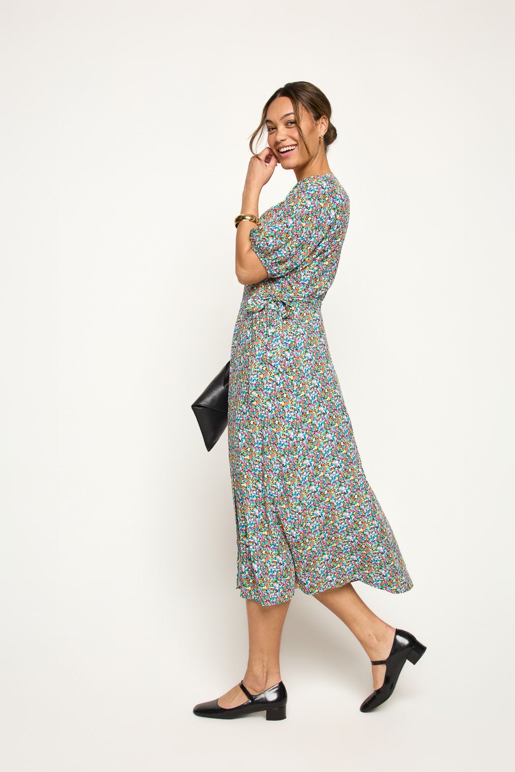 Image of West K Alexandria Full - Wrap A - Line Midi Dress Black Mono Floral