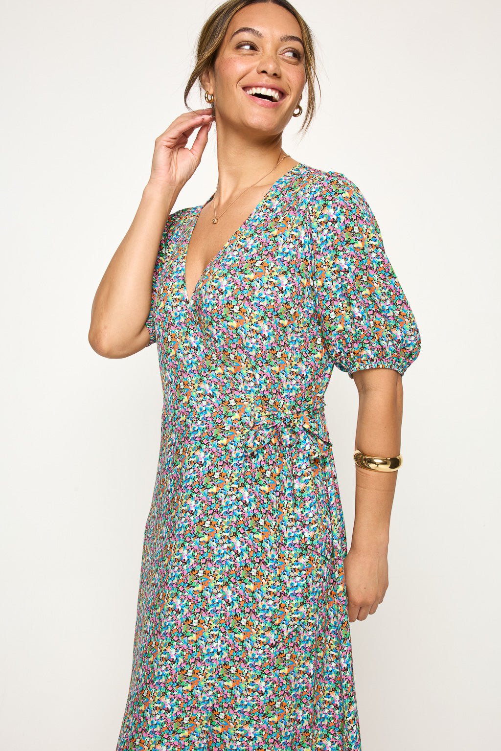 Image of West K Alexandria Full - Wrap A - Line Midi Dress Black Mono Floral