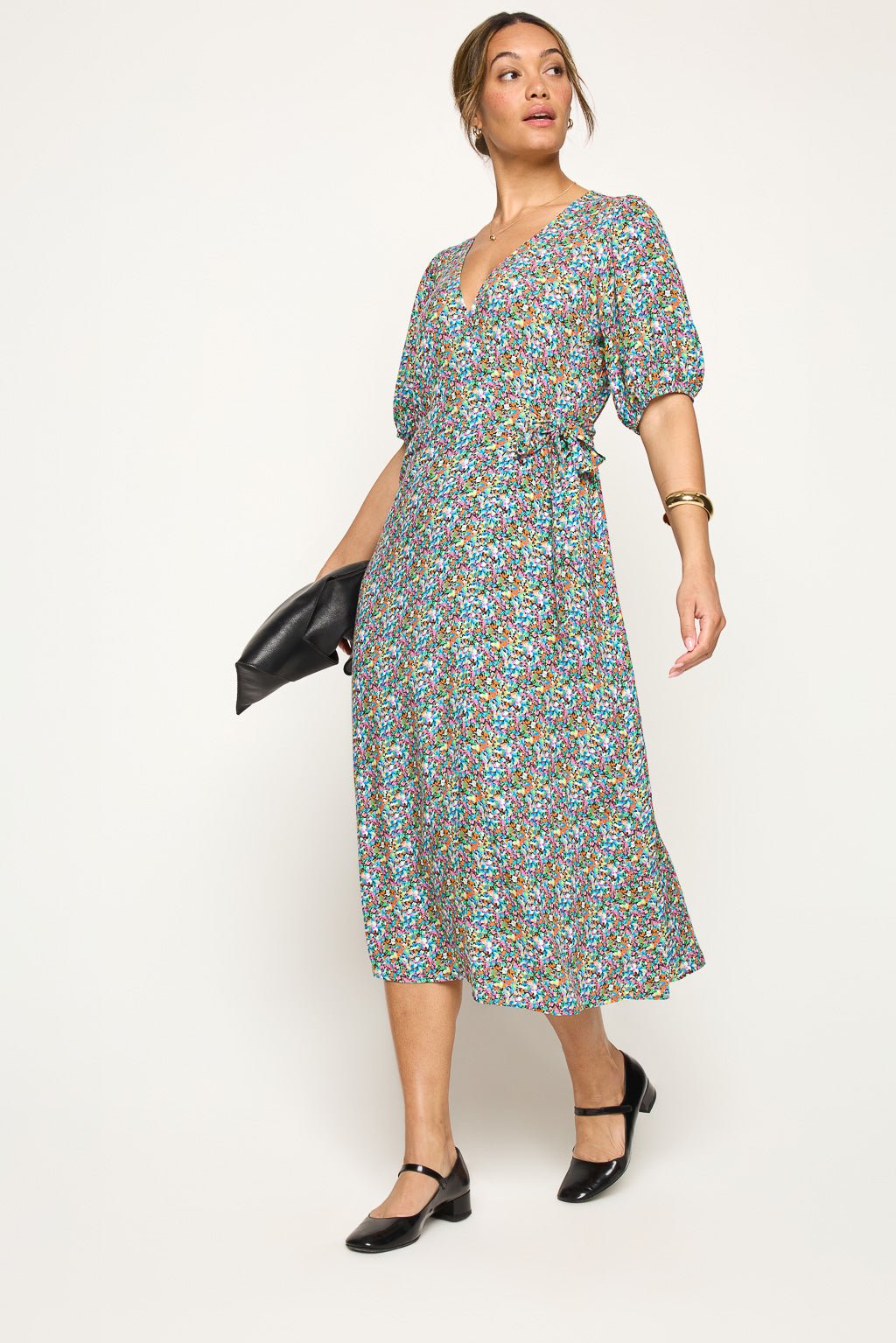 Image of West K Alexandria Full - Wrap A - Line Midi Dress Black Mono Floral