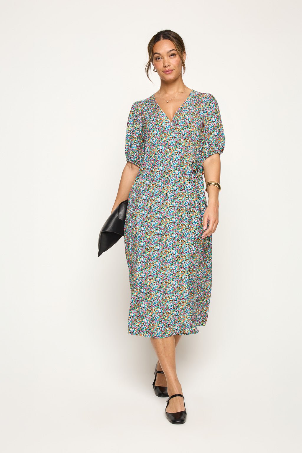 Image of West K Alexandria Full - Wrap A - Line Midi Dress Black Mono Floral