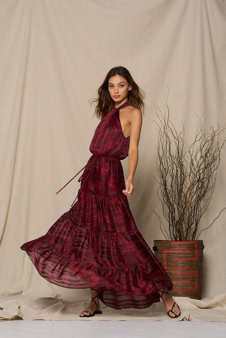 Image of West K Alexis Tiered Halter Maxi Wine Print