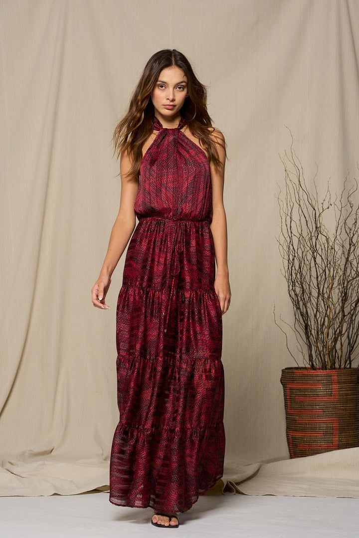 Image of West K Alexis Tiered Halter Maxi Wine Print